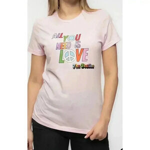 Beatles All You Need‎ is Love Skinny Fit Tee Shirt, Medium, Pink, short sleeve